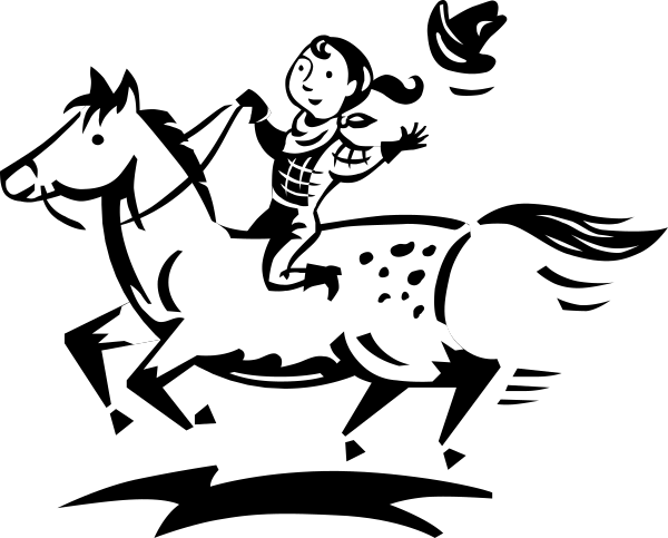 The black and white illustration shows a person riding on top of an animal that resembles a horse with spots; both figures appear to be in motion against a dark background.