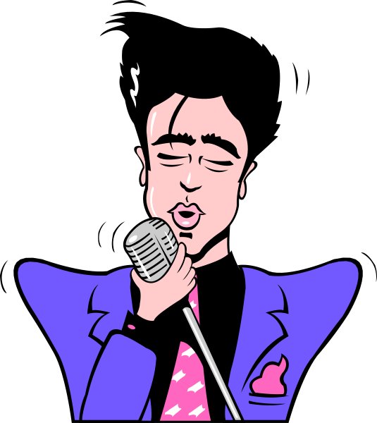 The illustration features a man with dark hair wearing sunglasses on his head while holding up two fingers to mimic glasses over eyes that appear closed in an exaggerated manner; he is dressed in a suit, tie and pink shirt underneath it all. He has facial stubble and mustache, wears earrings, and holds what appears to be microphone close to the mouth as if singing or speaking into it. The background of this image shows blackness with no discernible features other than an abstract pattern that could suggest a stage setting due to its dark coloration.