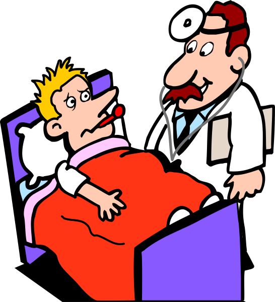 The cartoon shows a male doctor standing next to an unconscious patient lying on a hospital bed with medical equipment around him; another man is sitting atop the bed looking concerned while holding his tongue out in disbelief, and there's no visible text within this image.
