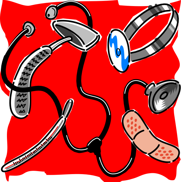 The image shows a collection of various items including an earbud with wires connected to it, what appears to be a pair of scissors in red packaging, two pairs of sunglasses hanging from each other by their temples and one on top of another, a small black object that resembles a hairdryer or blow dryer, and several items scattered around with no clear context. The background is plain white without any distinguishable features to provide additional information about the setting.