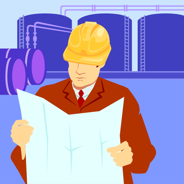 The illustration depicts a man wearing a hard hat standing next to an industrial plant with tanks labeled "OIL" in red text on blue backgrounds; he is holding open a piece of paper that appears blank, suggesting it's being used for reading or planning purposes.