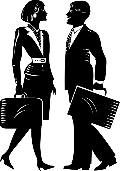 The black and white illustration shows a man standing next to luggage with his arms crossed while wearing a suit jacket over an open shirt collar; he is holding what appears to be papers in one hand.