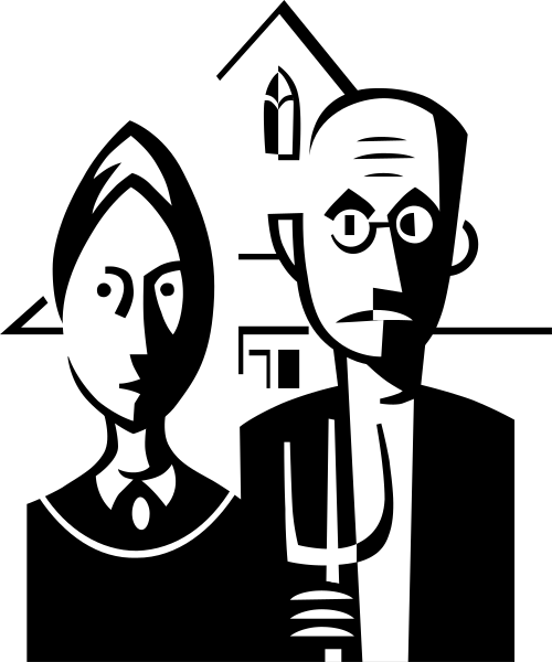 The black and white illustration features a man with glasses holding an ear of corn next to his head on the right side; he is standing in front of what appears to be a house that has two windows visible, one above each other. To the left stands another figure who seems to have short hair and no facial details are provided due to the monochrome nature of the image. The background behind them both consists only of solid color without any additional detail or context given about their surroundings beyond what is directly in front of them.