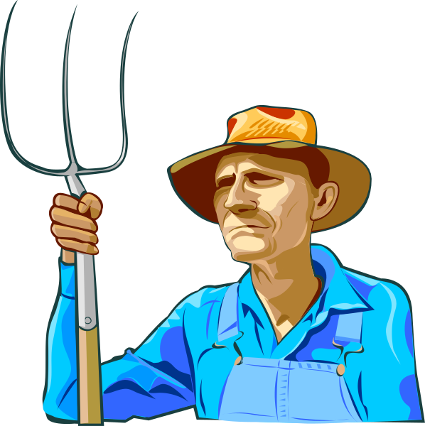 The illustration depicts a farmer holding two plows while standing outdoors during daylight hours.