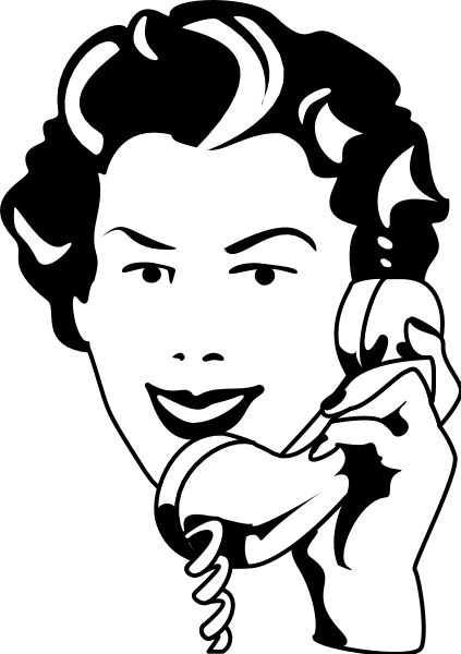 The black and white silhouette of a woman talking on an old rotary phone with her hand raised to her ear in greeting.