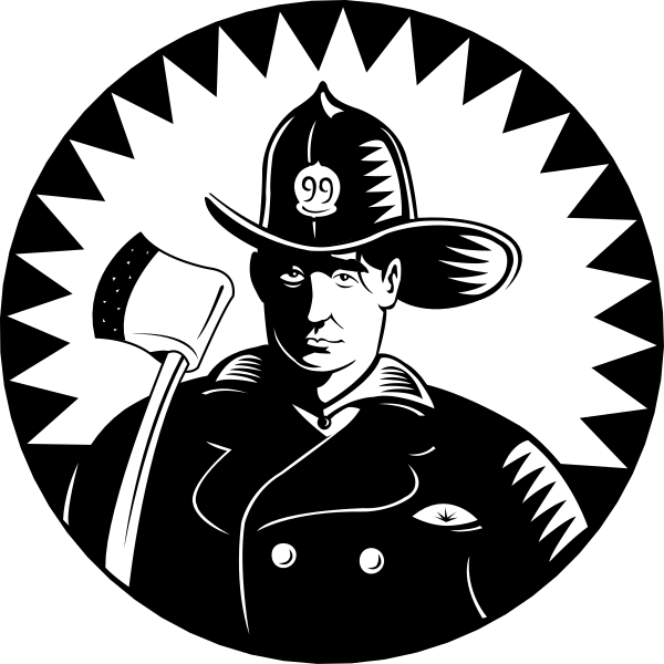 The black and white illustration features a firefighter holding an axe with his right hand while standing on what appears to be water.