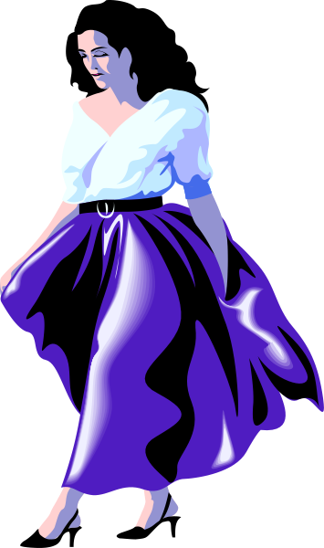 The image shows a woman dancing with her arms outstretched against a dark background; she is wearing an off-the-shoulder top and high waist pants that flare at the bottom.
