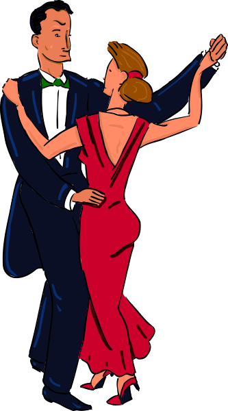 The image shows a black and white illustration of two dancers dancing together with their arms around each other; both individuals appear to be wearing formal attire suitable for ballroom dance styles such as tango or waltz, suggesting an elegant setting like a promenade room in the evening time.