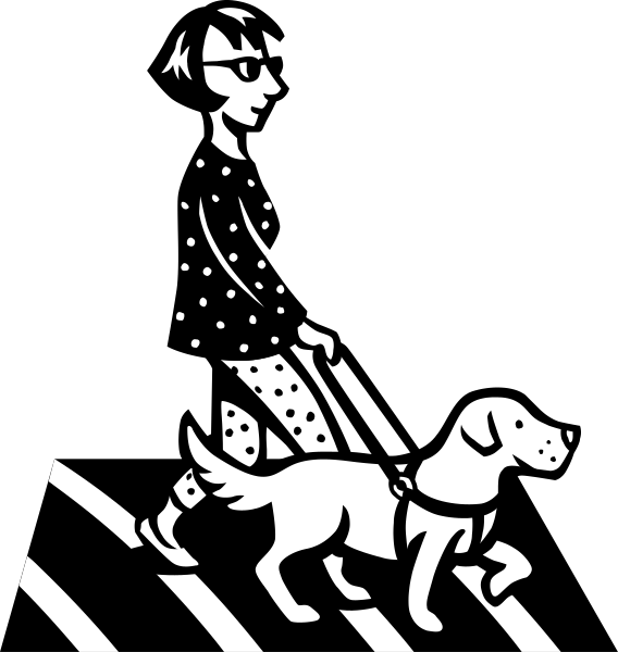 The black and white silhouette of a person walking their dog on a leash across an intersection with crosswalk lines in each direction.