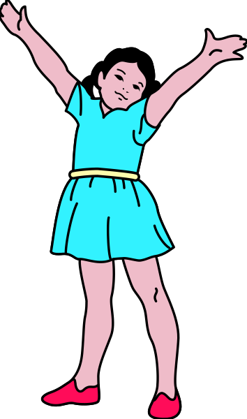 The image shows a cartoon of an animated girl with red shoes dancing joyfully against a black background.