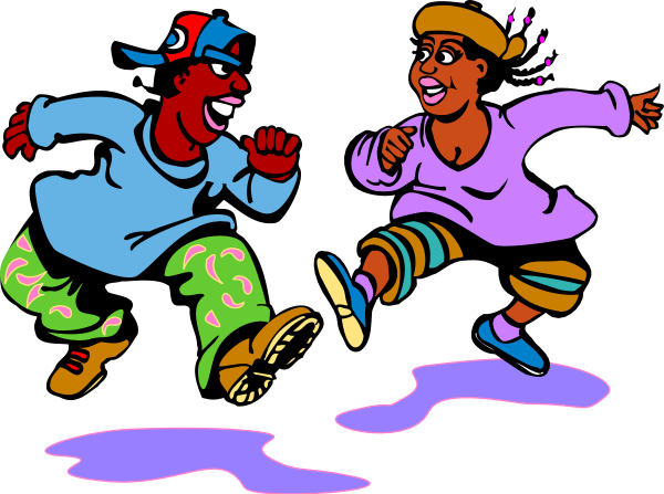 The illustration shows two animated characters running through a purple puddle with splashes around them; both have exaggerated facial expressions suggesting excitement or joy as one character is wearing blue pants while another wears green, and there's no text present in this image.