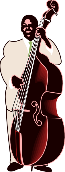 The image shows a black and white illustration of an upright bass with its neck facing upwards on what appears to be a gray background.