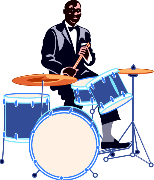 The illustration shows a man playing drums with his back to us; he is wearing formal attire including a suit jacket and tie.