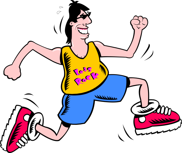 The cartoon shows a man running with his arms outstretched wearing shorts and sneakers; he is smiling as if in motion against a black background.