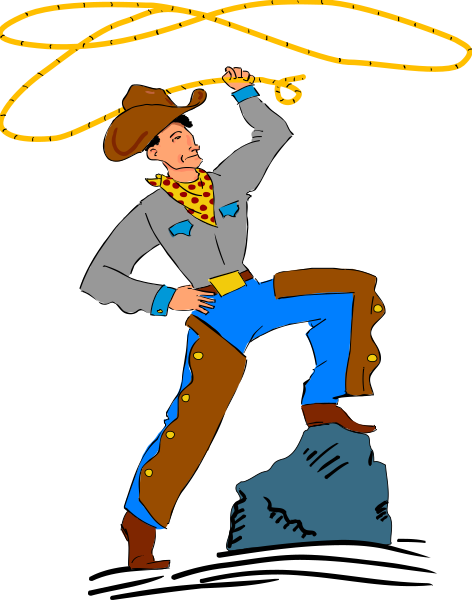 The illustration depicts a cartoon cowboy holding two ropes with his hands while standing on top of rocks against a black background.