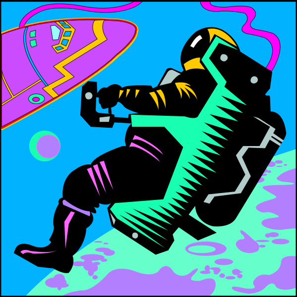 The comic strip shows an astronaut riding a surfboard on top of another spaceship while holding onto it with both hands in space.