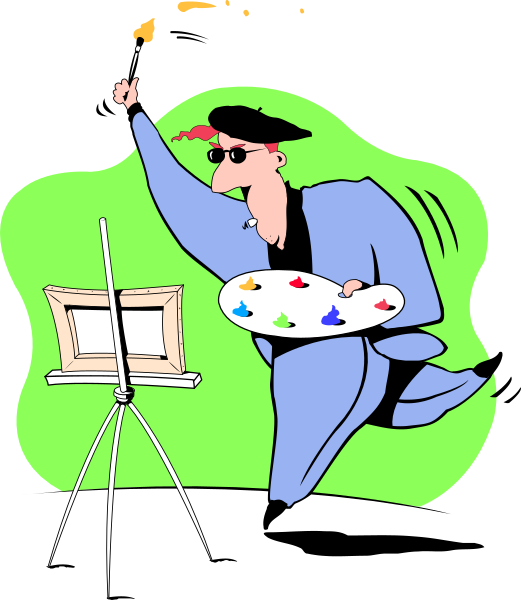 The illustration shows a man with sunglasses holding an easel that has paint on it; he is standing next to tripods supporting cameras pointed at him as if capturing his work in progress.