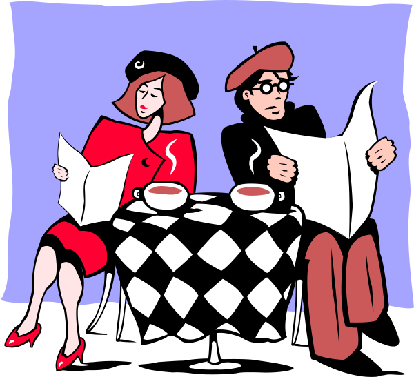 The illustration depicts a man and woman sitting at a table with newspapers spread out before them; both characters appear to be engaged in reading their respective papers while seated on chairs that have red cushions.