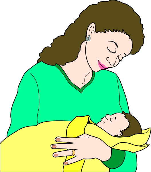 The illustration shows a woman holding an infant while standing outdoors during daylight hours; she is wearing glasses with black frames, has dark hair pulled back into what appears to be pigtails, wears a green top and blue jeans, and smiles at someone or something off-frame.