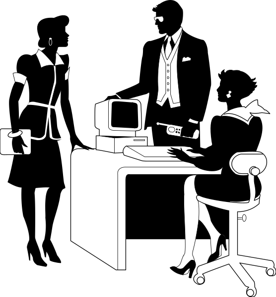 The black and white silhouette of an office space with a desk containing computer equipment, chair, keyboard, mouse, monitor, lamp, bookshelf filled with binders, suit hanging on wall hook, tie rack holding ties, coat draped over backrest of chair, umbrella leaning against the door.
