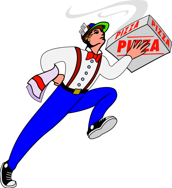 The cartoon depicts a man running with pizza boxes; he's wearing suspenders and has an exaggerated mustache.
