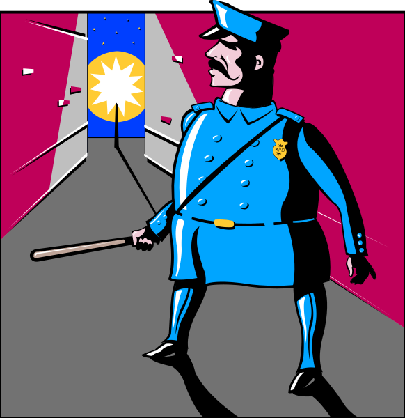 The illustration depicts a cartoon of an officer standing on either side of what appears to be a tunnel entrance with red walls; one figure is holding a baton while another has their hands behind them in frontal view, both dressed uniformly and wearing hats that resemble police helmets.