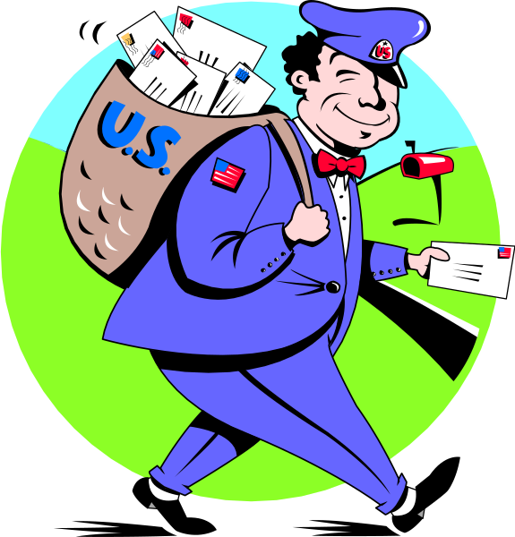The cartoon depicts a man dressed as an American postal worker carrying mail bags on his shoulders while walking down a street with one foot raised in mid-stride.