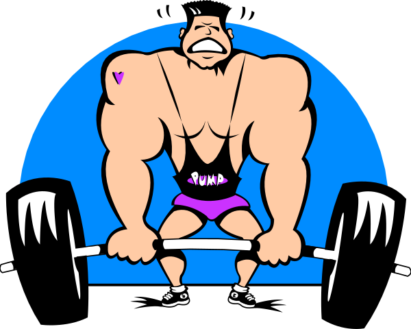 The image shows a cartoon of an animated male bodybuilder with muscles flexed while holding dumbbells at his sides in front of him against a blue background; he is wearing shorts and has tattoos on both arms, one visible being "YOU".