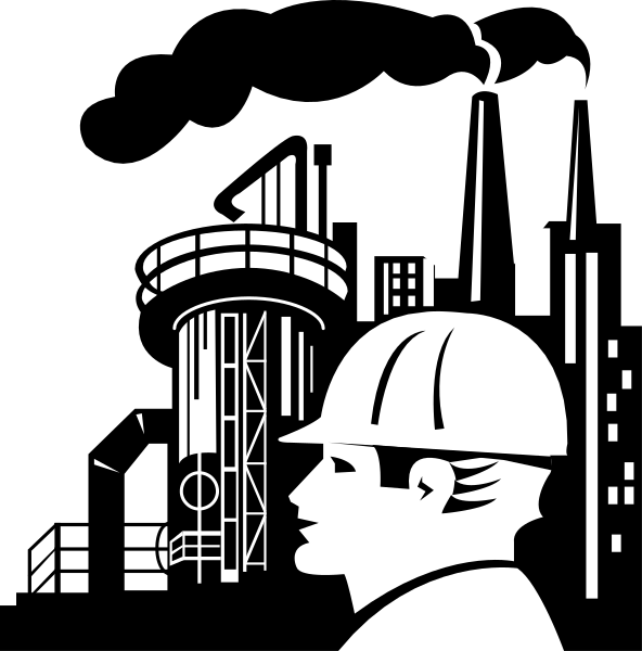 The black and white silhouette of a construction worker's head with an industrial cityscape background featuring buildings and cranes in front of it.