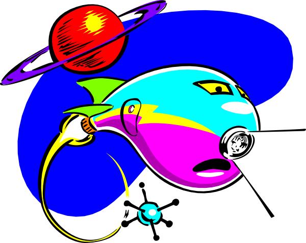 The image shows a cartoon of an alien fish with a spaceship on its back flying through space next to planets, stars, and other celestial bodies.
