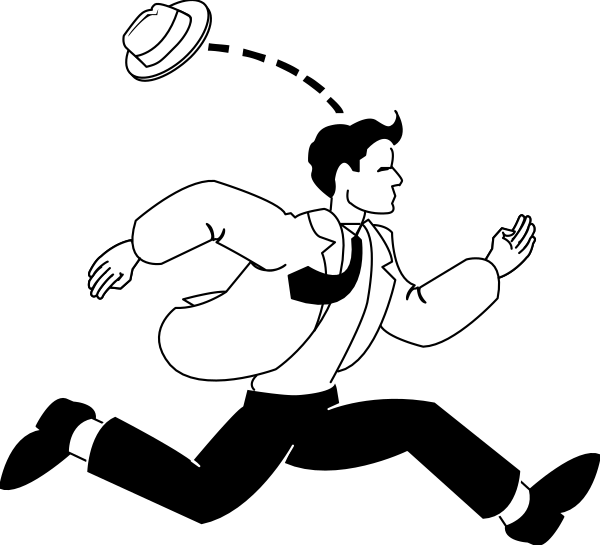 The black and white cartoon shows a man running with his arms outstretched as if he's flying through mid-air; there is no text present in this image.