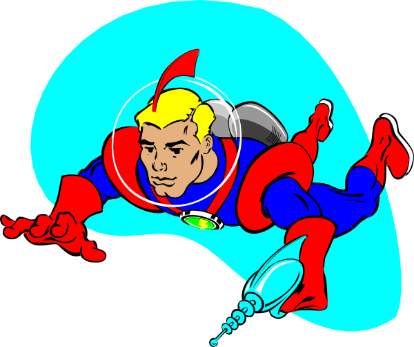 The illustration shows a superhero character flying through space with an astronaut suit on his back.
