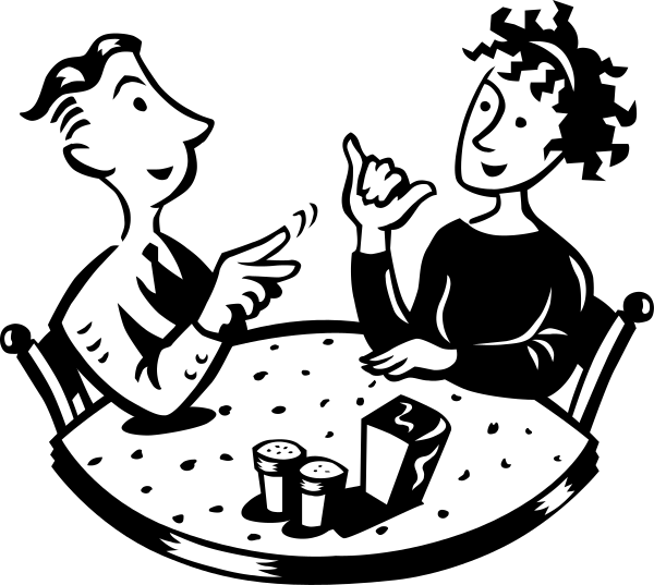 The black and white illustration shows a man pointing at something with his right hand while sitting across from another person who is holding up their index finger as if to make a point during what appears to be an animated conversation in front of a dining table set for two, which has various items on it such as cups.