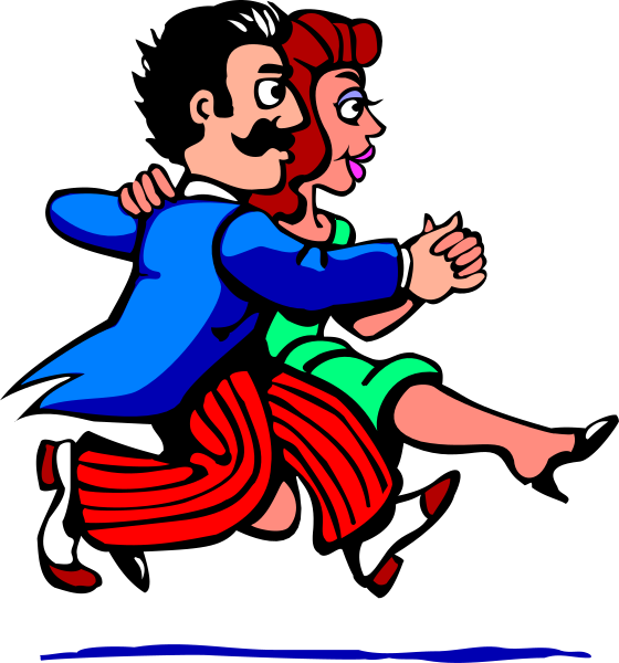 The illustration shows a man running with his arms outstretched towards an animated woman who is standing still; both characters appear to be in motion against a dark background that suggests nighttime.