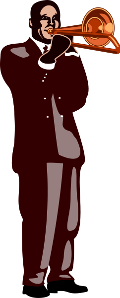 The black and white illustration shows a man playing an instrument with his mouth while holding it up to his face; he is wearing formal attire including a tie.