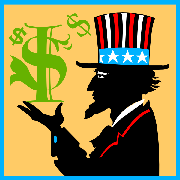 The illustration shows a caricature of Uncle Sam holding up an American flag with stars on it while wearing his traditional suit and top hat; he is also depicted as having wings sprouting from behind him. In front of this figure, there's a dollar sign accompanied by text that reads "Socialism."