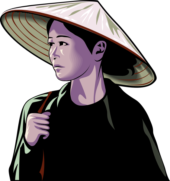 The image shows a person wearing an Asian hat with red trim carrying something on their shoulder while standing against what appears to be night sky background.