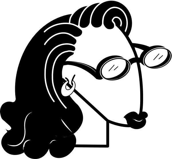The black and white illustration shows a cartoon of an animated character with glasses on its face looking to the side while holding what appears to be a microphone in one hand.