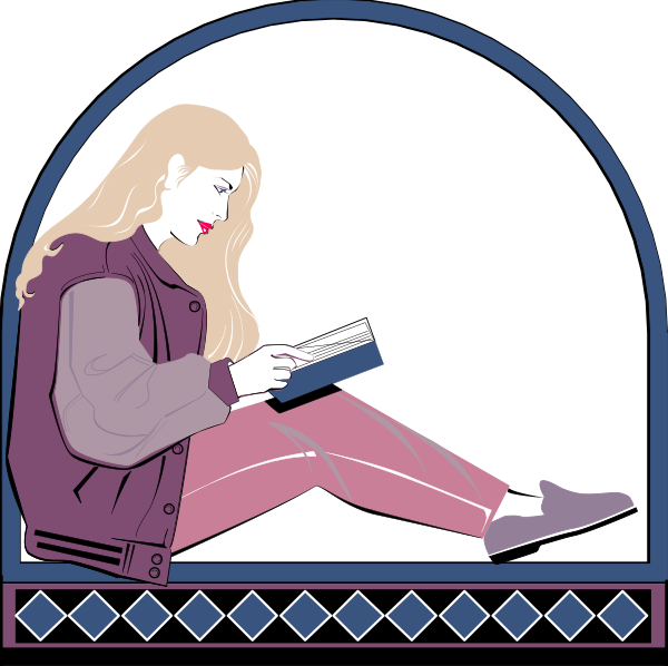 The illustration depicts two women sitting on a bench with an archway behind them; both have long hair and appear to be reading books while wearing jackets over their shoulders.