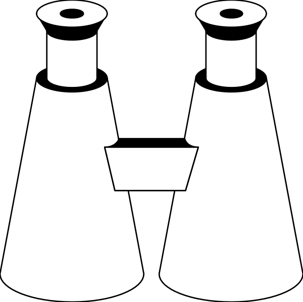 The black and white silhouette of three beakers with a flask on top against a dark background.