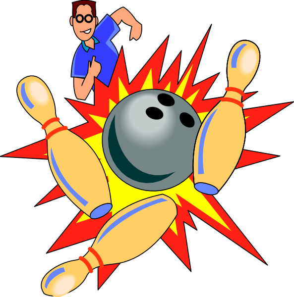 The cartoon depicts a bowling scene with two pins knocked over by three flying skittles; there's an animated character in blue shirt standing to one side of the action.