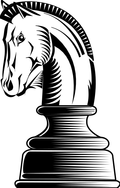 The black and white silhouette of a chess piece with an animal head peeking out from behind it.