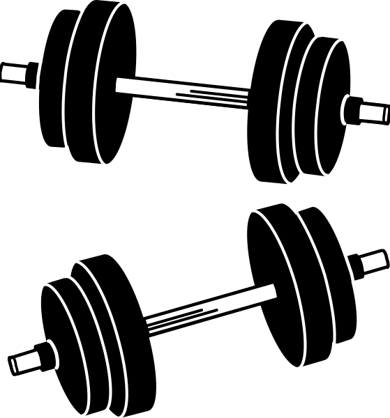 The image shows a black and white illustration of four dumbbells with weights on them against a dark background.