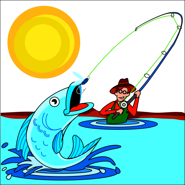 The cartoon shows a fish with human characteristics holding fishing gear while swimming near another large fish that is also engaged in angling activity; both characters appear to be enjoying their time together underwater during what seems like sunset, as indicated by the presence of the moon and stars above them.