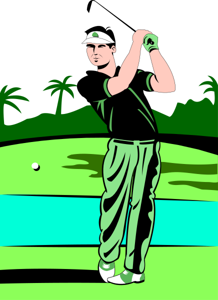 The image shows a man playing golf on an outdoor course at night under artificial lighting with palm trees visible behind him; he is wearing green pants and holding a club in his right hand while standing near a ball that appears to be ready for play, which suggests it's either daytime or the area has sufficient illumination.