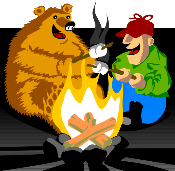 The image shows a cartoon of two bears cooking food on an open fire with flames around them while standing next to each other in front of what appears to be camping equipment such as tents and logs.