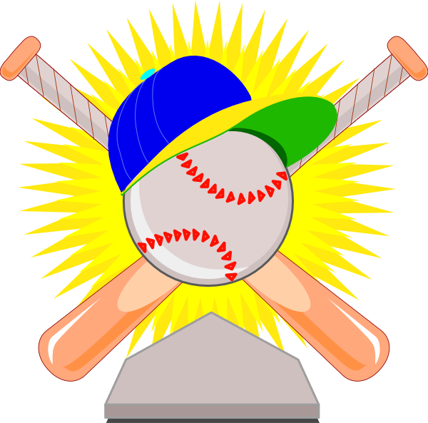 The image features a baseball bat with two balls on top of it against an illustrated sunburst background that includes rays emanating from behind them; there is also a depiction of three bats leaning together in front, and one ball resting atop another pair of crossed bats below the main set.