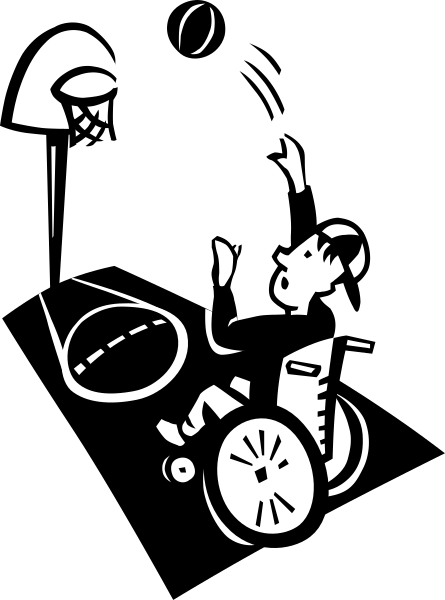 The black and white silhouette of a basketball player holding a ball with various sports equipment around them on what appears to be an outdoor court surface.