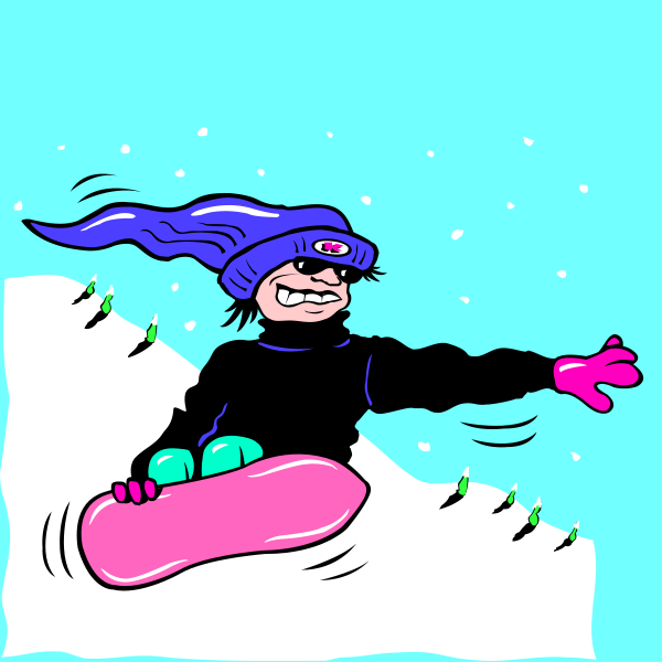 The illustration shows a cartoon character on skis pointing to something offscreen with their left hand while wearing goggles over eyes that appear closed in concentration; there's snow falling around them against a blue sky background, and it seems like an animated scene from winter sports or outdoor activity context.