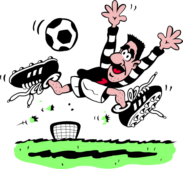 The cartoon shows a man with his arms outstretched as if he's flying through midair while wearing sneakers; below him is an illustration of soccer cleats in motion on grassy ground, and above it all there appears to be some sort of green substance or object that the character seems to have just kicked.